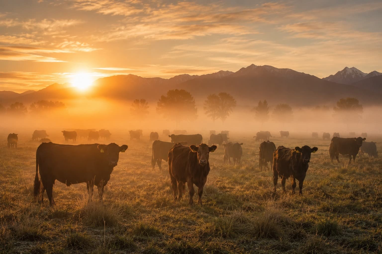 Troupeau dans la brume au lever du soleil, élevage bovin d'exception